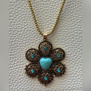 Dream Plus Gold Flower & Turquoise Heart Pendant Necklace NWT